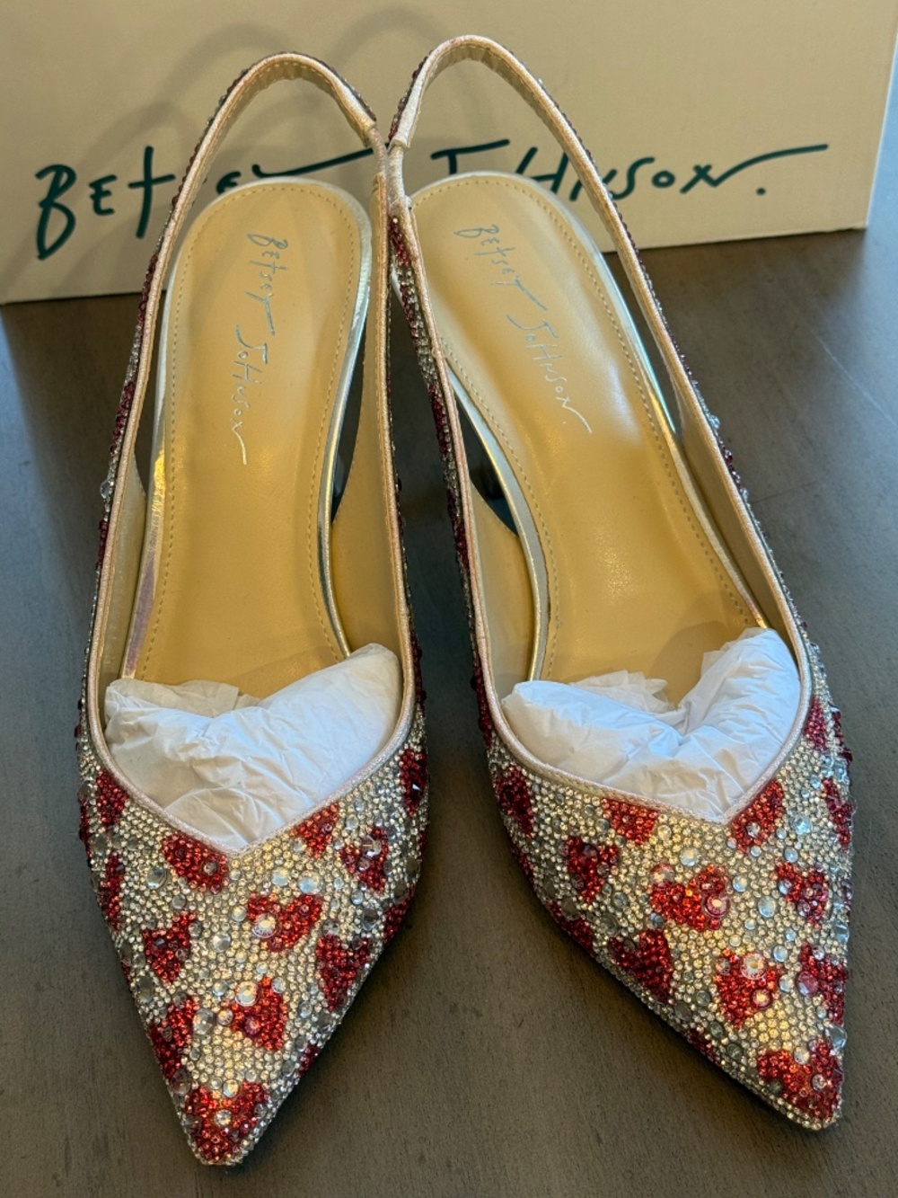 Betsey Johnson sling back heels pumps womens 9 rhinestone hearts Mya - Picture 5 of 12